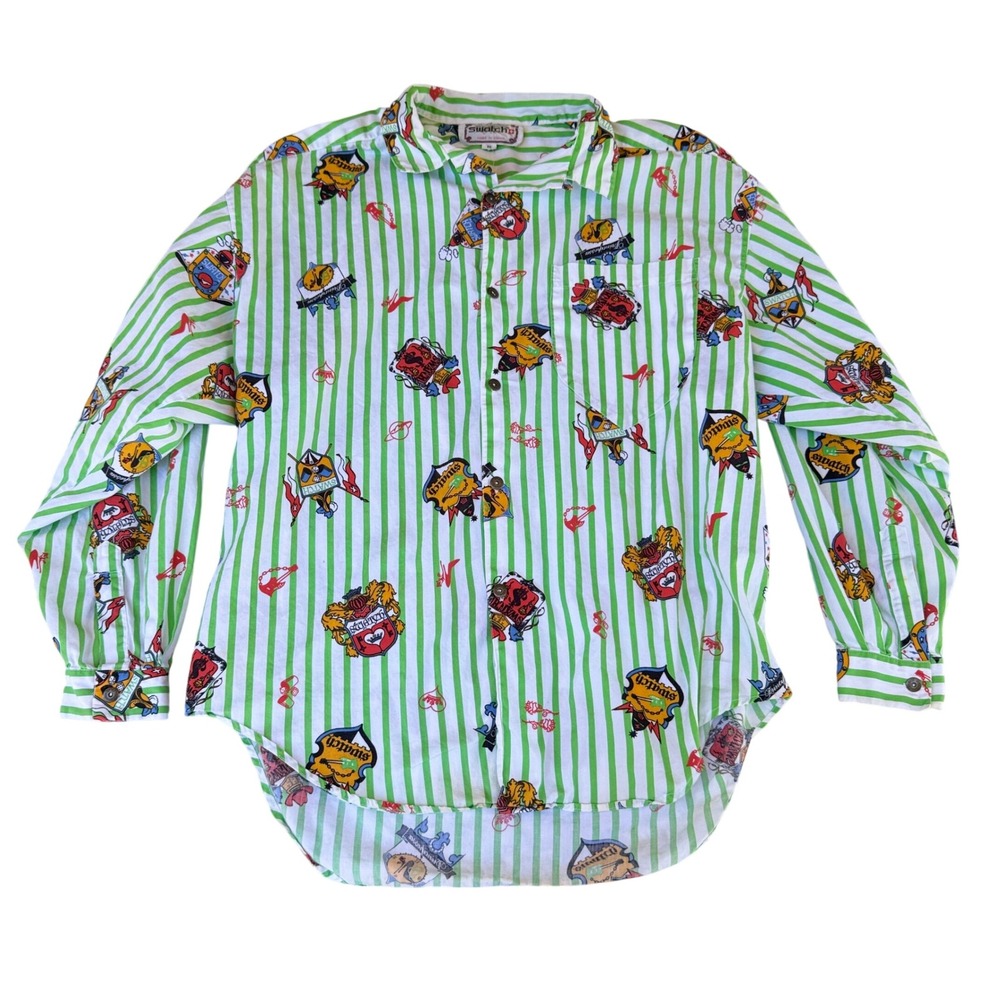 VTG! Swatch Green Striped‎ Button Down Long Sleeve Shirt Big 2XL Quirky Logo